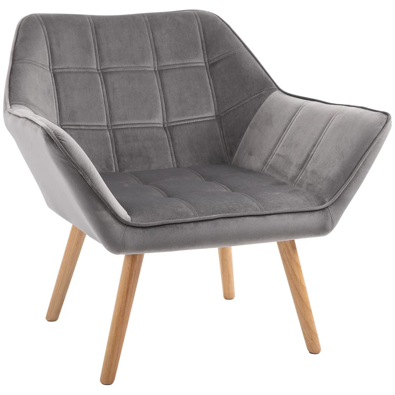 HOMCOM Fauteuil Salon Chaise Coiffeuse Fauteuil scandinave avec Dossier Haut et accoudoir rembourré - Fauteuil Chambre avec Pied en Bois, revêtement en Effet Velours, 67 x 61,5 x 71 cm, Gris
