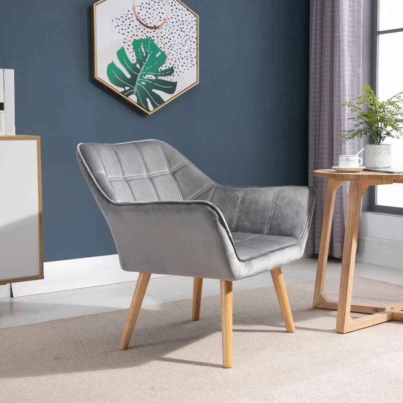 HOMCOM Fauteuil Salon Chaise Coiffeuse Fauteuil scandinave avec Dossier Haut et accoudoir rembourré - Fauteuil Chambre avec Pied en Bois, revêtement en Effet Velours, 67 x 61,5 x 71 cm, Gris