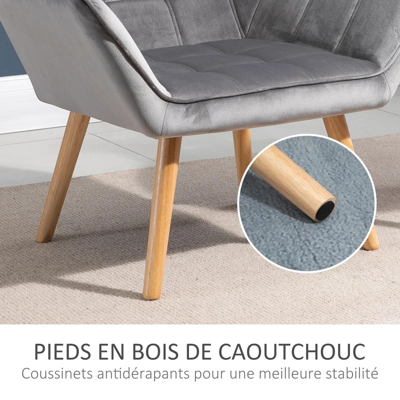 HOMCOM Fauteuil Salon Chaise Coiffeuse Fauteuil scandinave avec Dossier Haut et accoudoir rembourré - Fauteuil Chambre avec Pied en Bois, revêtement en Effet Velours, 67 x 61,5 x 71 cm, Gris
