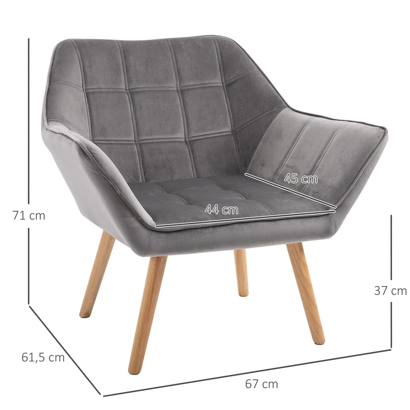 HOMCOM Fauteuil Salon Chaise Coiffeuse Fauteuil scandinave avec Dossier Haut et accoudoir rembourré - Fauteuil Chambre avec Pied en Bois, revêtement en Effet Velours, 67 x 61,5 x 71 cm, Gris