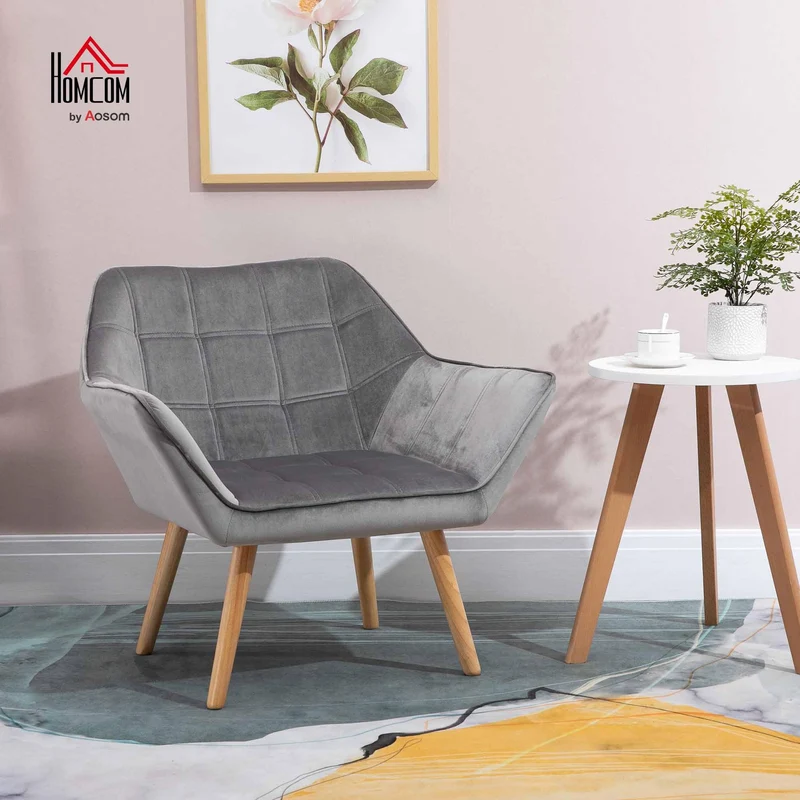 HOMCOM Fauteuil Salon Chaise Coiffeuse Fauteuil scandinave avec Dossier Haut et accoudoir rembourré - Fauteuil Chambre avec Pied en Bois, revêtement en Effet Velours, 67 x 61,5 x 71 cm, Gris
