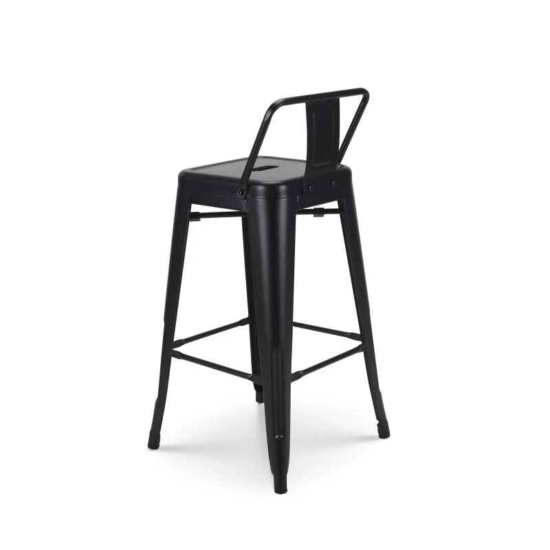 Tabouret de Bar en métal Noir Mat Style Industriel - avec Dossier - Hauteur 66cm