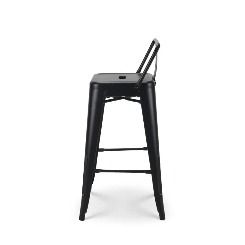 Tabouret de Bar en métal Noir Mat Style Industriel - avec Dossier - Hauteur 66cm