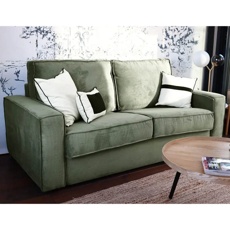HOMIFAB Canapé Convertible 3 Places en Velours Fines côtes Vert - Ouverture Express - Couchage Quotidien - Matelas HD 140 x 190 - Mattia
