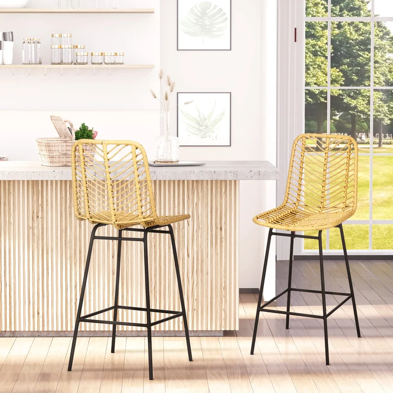 HOMCOM Lot de 2 tabourets de Bar Chaise de Bar Design bohème Hauteur 66 cm avec Repose-Pieds métal - Naturel