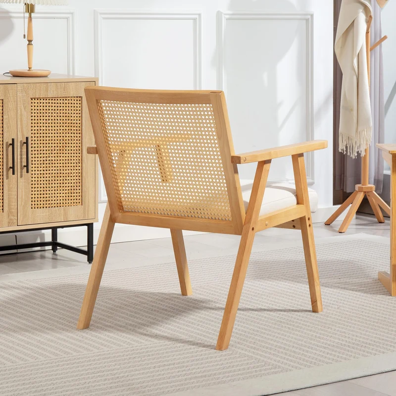 HOMCOM Fauteuil Relax pour Salon Chambre Confortable, Chaise cannage avec Dossier en rotin et Coussin rembourré et accoudoirs, Bois Naturel