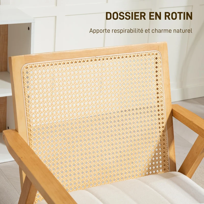 HOMCOM Fauteuil Relax pour Salon Chambre Confortable, Chaise cannage avec Dossier en rotin et Coussin rembourré et accoudoirs, Bois Naturel