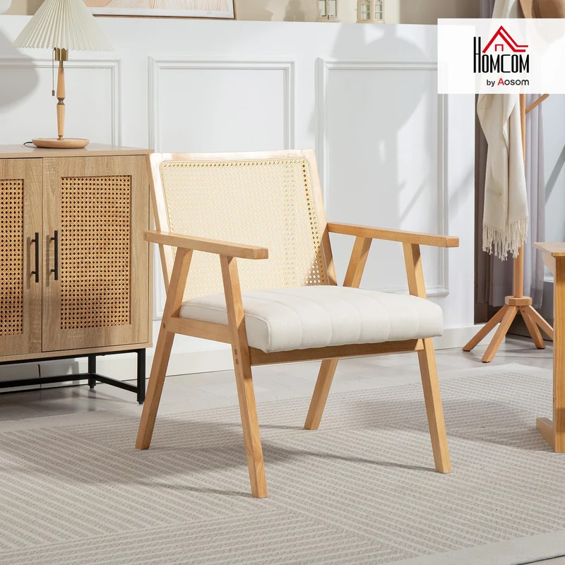 HOMCOM Fauteuil Relax pour Salon Chambre Confortable, Chaise cannage avec Dossier en rotin et Coussin rembourré et accoudoirs, Bois Naturel