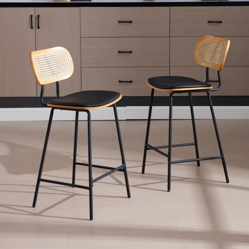 chairus Chaise Bar Cuisine avec Dossier en Rotin Lot de 2 Tabourets de Bar en Cuir Synthétique Modern Chaise Haute sans Accoudoirs (Noir)