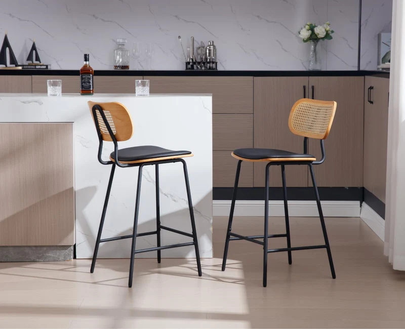 chairus Chaise Bar Cuisine avec Dossier en Rotin Lot de 2 Tabourets de Bar en Cuir Synthétique Modern Chaise Haute sans Accoudoirs (Noir)