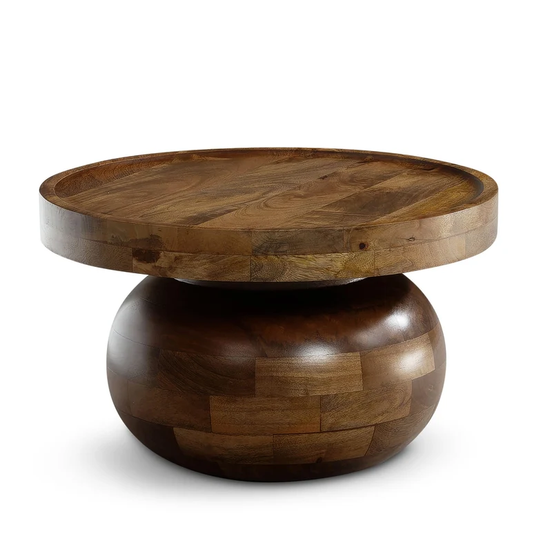 FineBuy Table basse, 50 x 50 x 30,5 cm, en bois massif de mangue, couleur noyer, ronde, design bas, moderne, avec grain de bois naturel