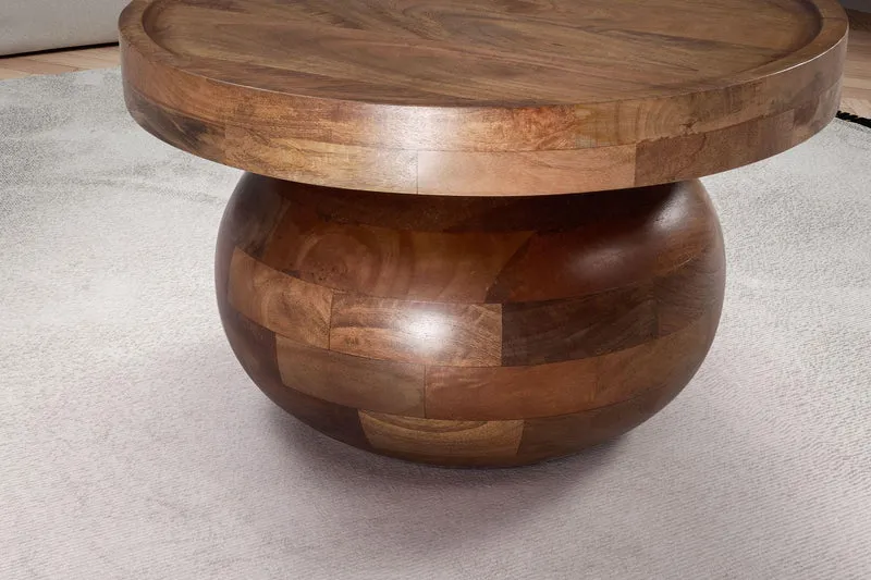 FineBuy Table basse, 50 x 50 x 30,5 cm, en bois massif de mangue, couleur noyer, ronde, design bas, moderne, avec grain de bois naturel