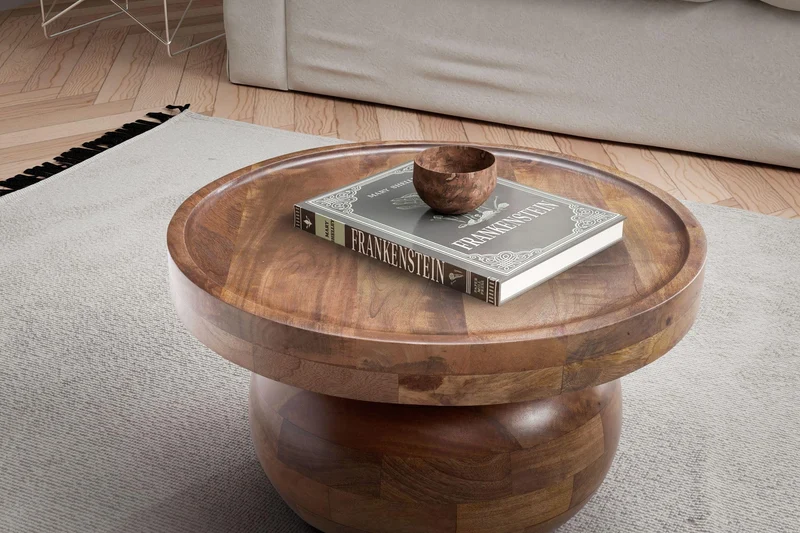 FineBuy Table basse, 50 x 50 x 30,5 cm, en bois massif de mangue, couleur noyer, ronde, design bas, moderne, avec grain de bois naturel