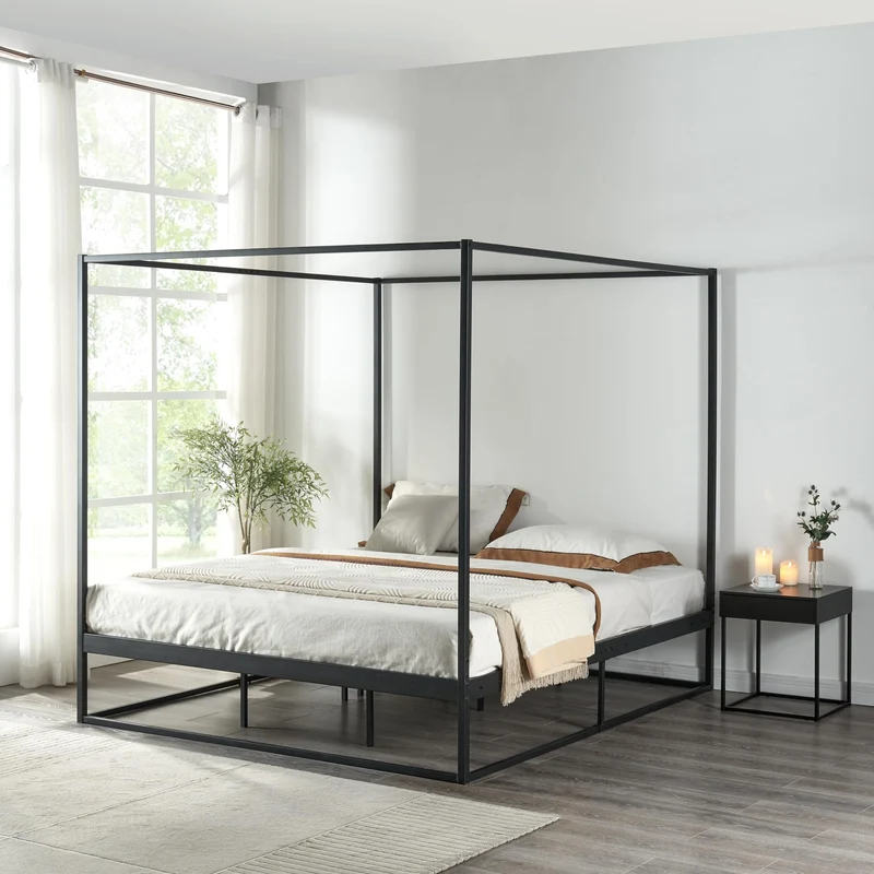 [en.casa] Cadre de Lit à Baldaquin avec Sommier à Lattes Lit Double Adulte Cadre à Lattes sur Pied Design Élégant Stable Capacité de Charge 200 kg Chambre à Coucher Métal 160 x 200 cm Noir