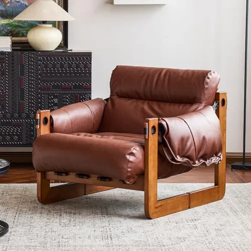 OLEYLUCKIDEA Fauteuil avec accoudoirs et Pieds en Bois Massif, Lounge en Cuir PU, Fauteuil de Lecture Vintage, Relax pour Salon et Chambre à Coucher, Marron