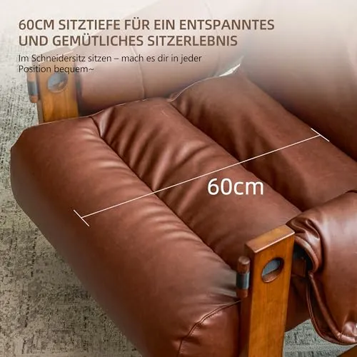 OLEYLUCKIDEA Fauteuil avec accoudoirs et Pieds en Bois Massif, Lounge en Cuir PU, Fauteuil de Lecture Vintage, Relax pour Salon et Chambre à Coucher, Marron