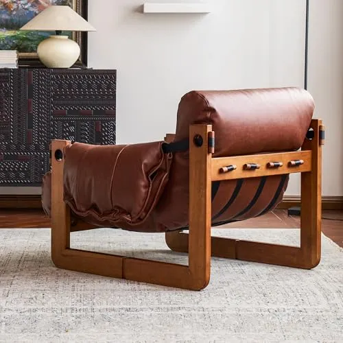 OLEYLUCKIDEA Fauteuil avec accoudoirs et Pieds en Bois Massif, Lounge en Cuir PU, Fauteuil de Lecture Vintage, Relax pour Salon et Chambre à Coucher, Marron