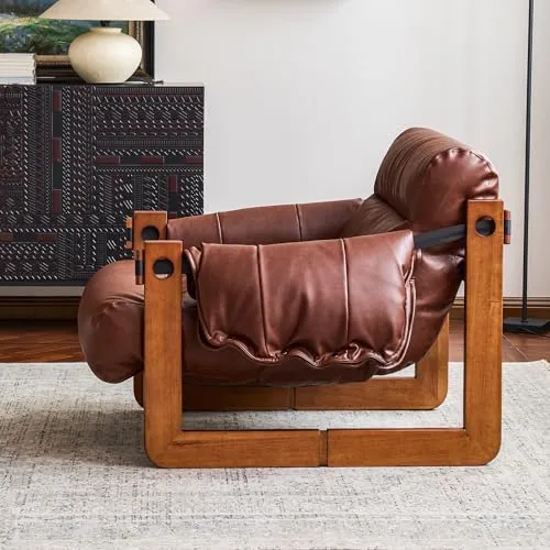 OLEYLUCKIDEA Fauteuil avec accoudoirs et Pieds en Bois Massif, Lounge en Cuir PU, Fauteuil de Lecture Vintage, Relax pour Salon et Chambre à Coucher, Marron