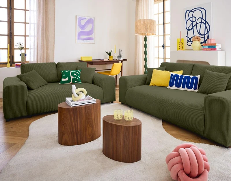 Lisa Design - Canapé Garance en Velours Côtelé - Sofa Vert 3 Places - Salon