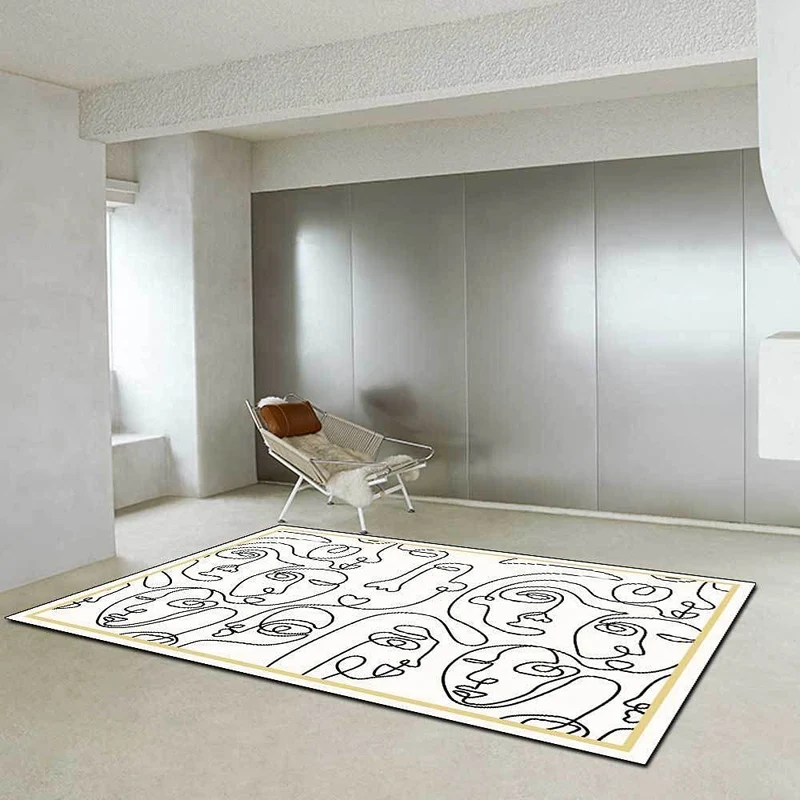 Tapis Style Moderne Tapis Poils Ras Visage Humain de Lineart Abstrait Blanc Noir pour la Chambre, Salle de Jeux 80*120