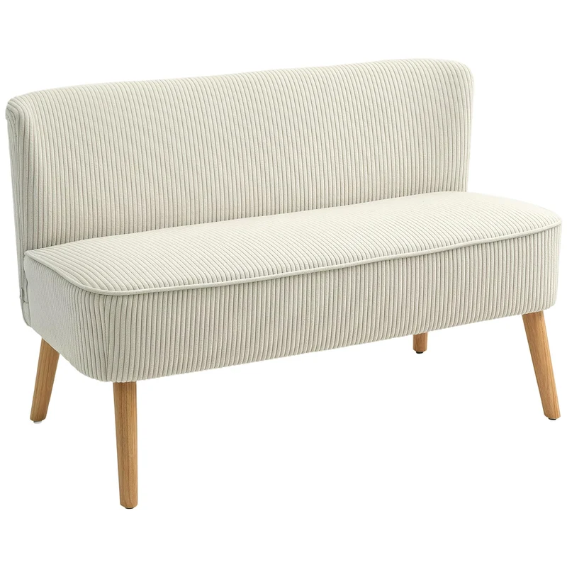 HOMCOM Canapé 2 Places Moderne Canapé sans accoudoirs Rembourré avec Aspect Velours côtelé, Petit canapé Lounge avec Pieds en Bois pour Le Salon, 117 x 56,5 x 77 cm, Blanc crème