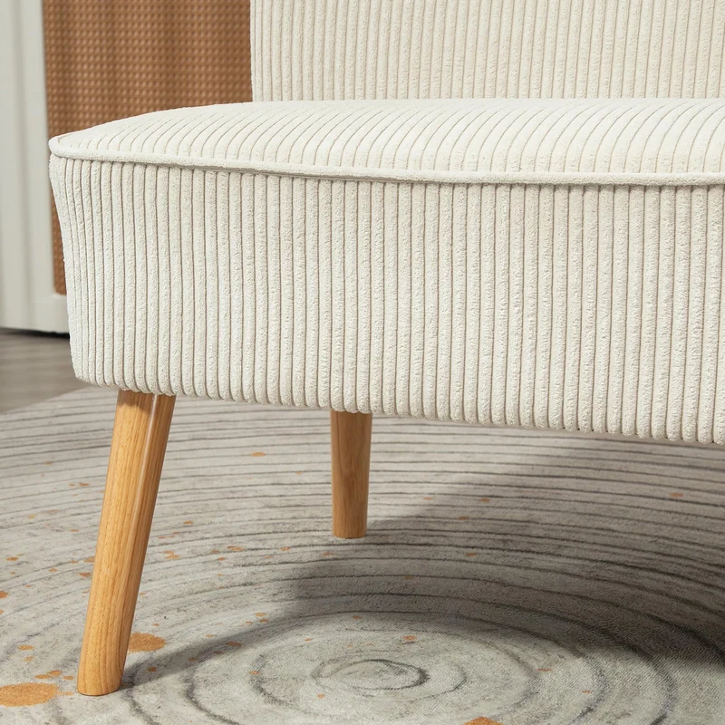 HOMCOM Canapé 2 Places Moderne Canapé sans accoudoirs Rembourré avec Aspect Velours côtelé, Petit canapé Lounge avec Pieds en Bois pour Le Salon, 117 x 56,5 x 77 cm, Blanc crème
