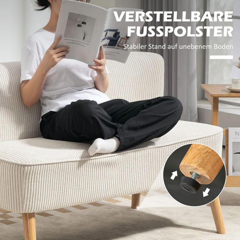 HOMCOM Canapé 2 Places Moderne Canapé sans accoudoirs Rembourré avec Aspect Velours côtelé, Petit canapé Lounge avec Pieds en Bois pour Le Salon, 117 x 56,5 x 77 cm, Blanc crème