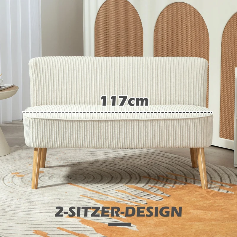 HOMCOM Canapé 2 Places Moderne Canapé sans accoudoirs Rembourré avec Aspect Velours côtelé, Petit canapé Lounge avec Pieds en Bois pour Le Salon, 117 x 56,5 x 77 cm, Blanc crème