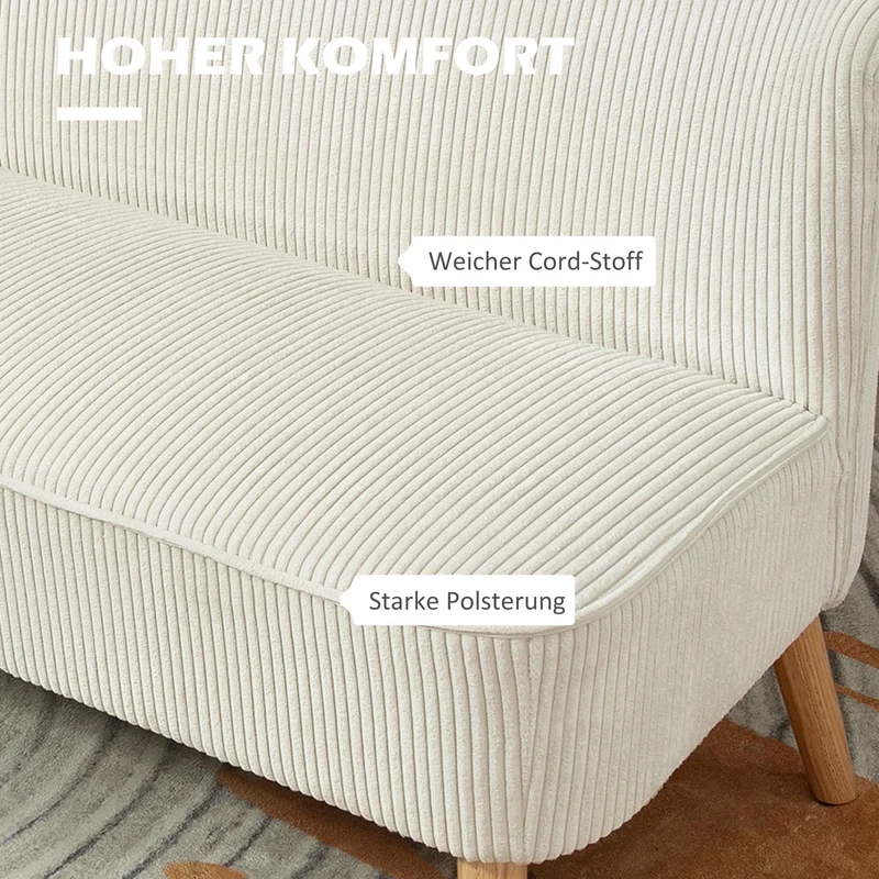 HOMCOM Canapé 2 Places Moderne Canapé sans accoudoirs Rembourré avec Aspect Velours côtelé, Petit canapé Lounge avec Pieds en Bois pour Le Salon, 117 x 56,5 x 77 cm, Blanc crème