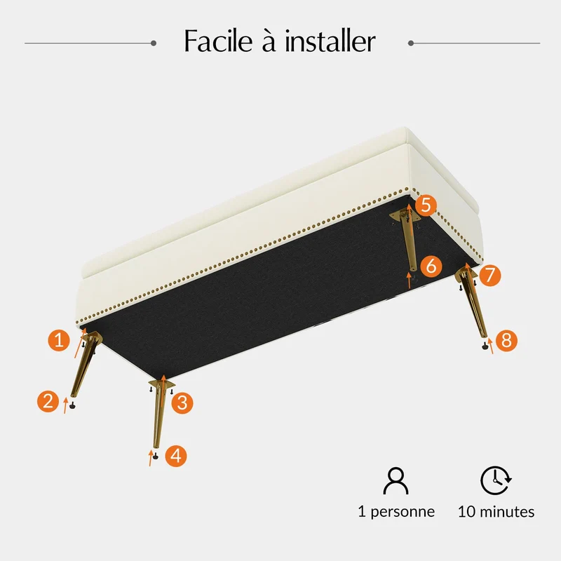 HULALA HOME Banc de Rangement Moderne en Velours avec Base dorée et Garniture cloutée, Banc de Chambre rembourré pour Bout de lit, Repose-Pieds capitonné pour entrée, Salon, Salle à Manger,Blanc