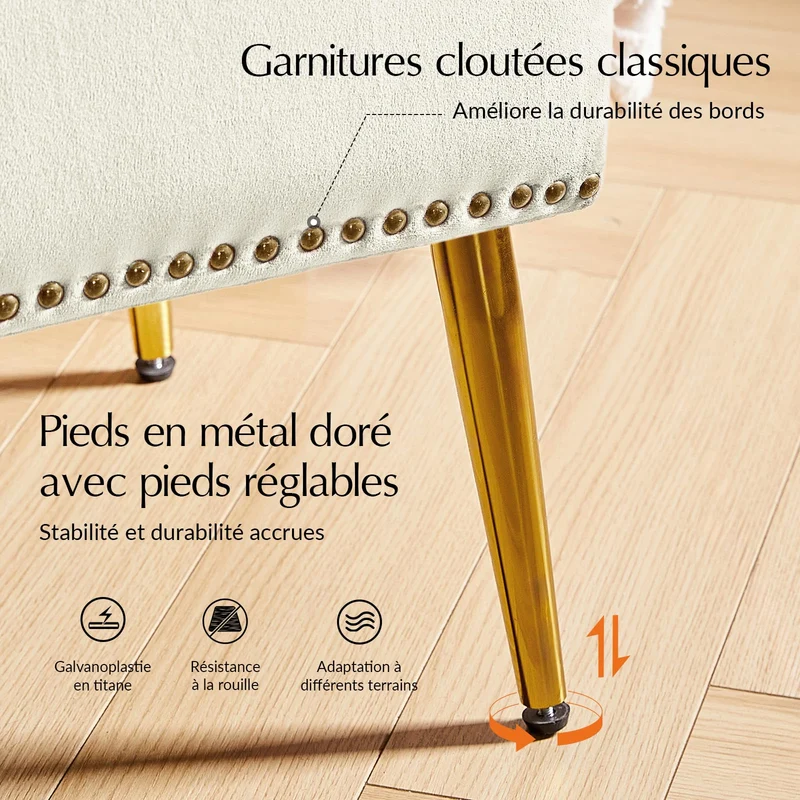 HULALA HOME Banc de Rangement Moderne en Velours avec Base dorée et Garniture cloutée, Banc de Chambre rembourré pour Bout de lit, Repose-Pieds capitonné pour entrée, Salon, Salle à Manger,Blanc