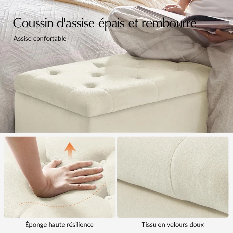 HULALA HOME Banc de Rangement Moderne en Velours avec Base dorée et Garniture cloutée, Banc de Chambre rembourré pour Bout de lit, Repose-Pieds capitonné pour entrée, Salon, Salle à Manger,Blanc