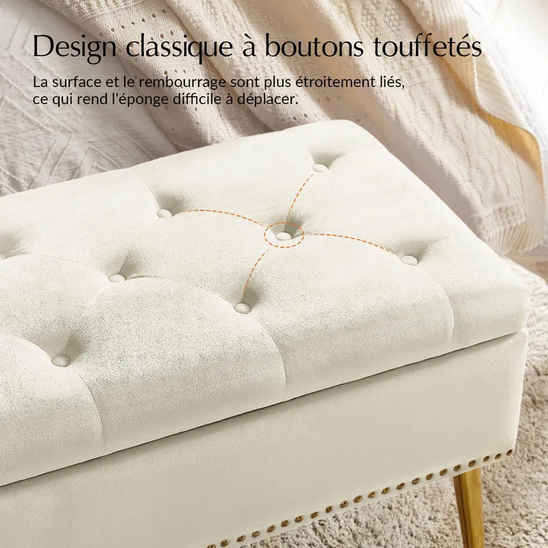HULALA HOME Banc de Rangement Moderne en Velours avec Base dorée et Garniture cloutée, Banc de Chambre rembourré pour Bout de lit, Repose-Pieds capitonné pour entrée, Salon, Salle à Manger,Blanc