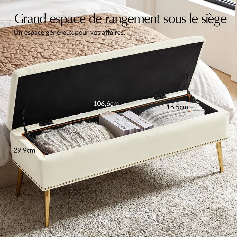 HULALA HOME Banc de Rangement Moderne en Velours avec Base dorée et Garniture cloutée, Banc de Chambre rembourré pour Bout de lit, Repose-Pieds capitonné pour entrée, Salon, Salle à Manger,Blanc