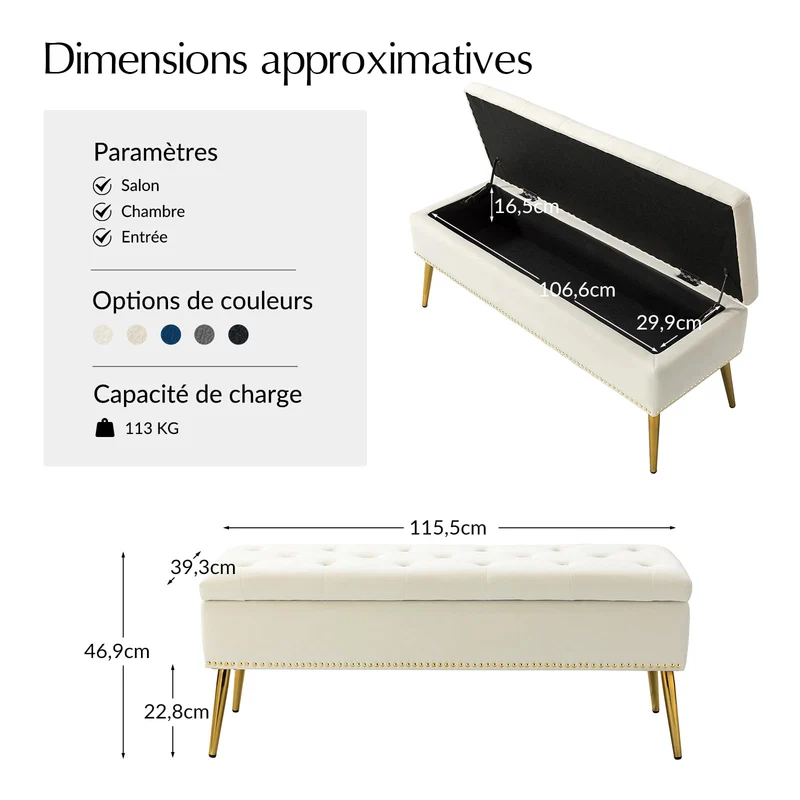 HULALA HOME Banc de Rangement Moderne en Velours avec Base dorée et Garniture cloutée, Banc de Chambre rembourré pour Bout de lit, Repose-Pieds capitonné pour entrée, Salon, Salle à Manger,Blanc