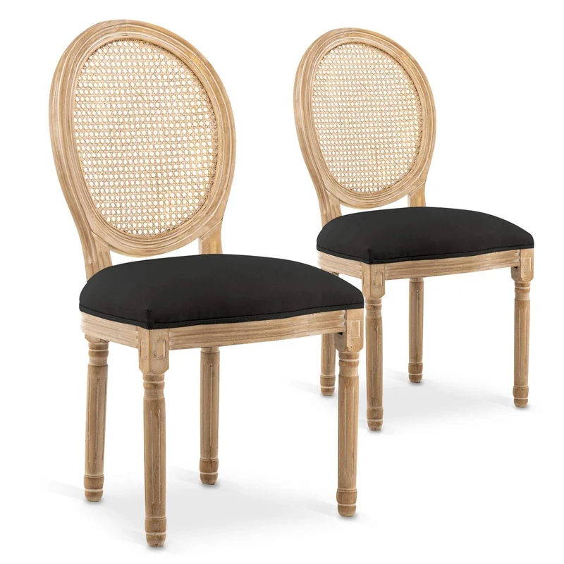 INTENSE DECO Lot de 2 chaises médaillon Louis XVI Cannage Rotin Tissu Noir