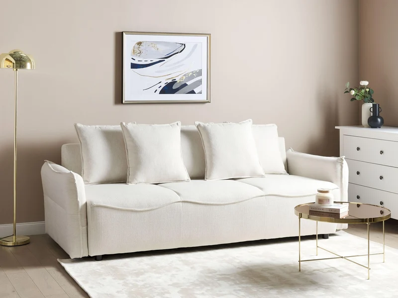 Beliani Canapé Convertible Couchage Moderne avec Rangement Coussins Dossier Housses Amovibles en Tissu Blanc Cassé Krama
