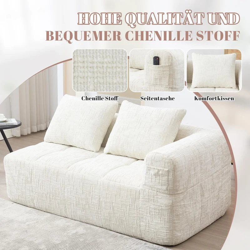 Zepneiy Canapé 2 Places, Fauteuil rembourré avec Méridienne, Canapé 2 Places Canapé Moderne Design avec Coussin et Poches latérales pour télécommande et téléphone Portable, Chenille Beige