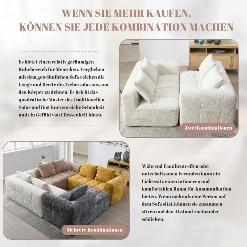 Zepneiy Canapé 2 Places, Fauteuil rembourré avec Méridienne, Canapé 2 Places Canapé Moderne Design avec Coussin et Poches latérales pour télécommande et téléphone Portable, Chenille Beige