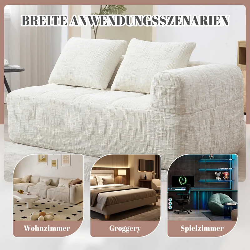 Zepneiy Canapé 2 Places, Fauteuil rembourré avec Méridienne, Canapé 2 Places Canapé Moderne Design avec Coussin et Poches latérales pour télécommande et téléphone Portable, Chenille Beige