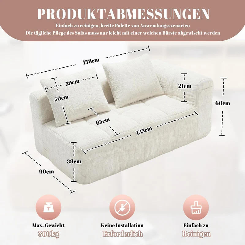 Zepneiy Canapé 2 Places, Fauteuil rembourré avec Méridienne, Canapé 2 Places Canapé Moderne Design avec Coussin et Poches latérales pour télécommande et téléphone Portable, Chenille Beige