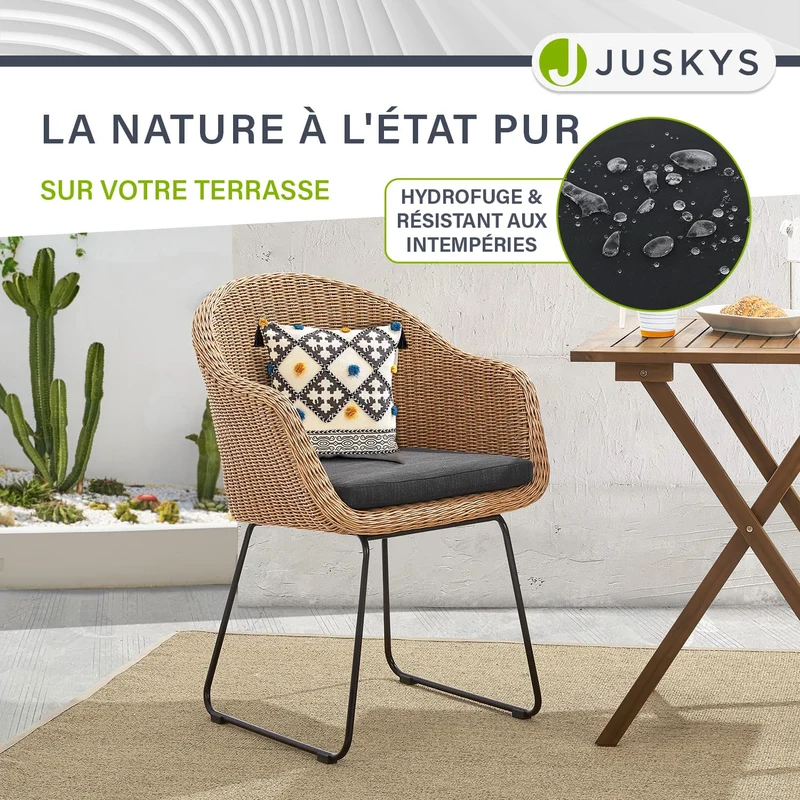 Juskys Ensemble de 2 fauteuils en Osier Cody avec Coussins - chaises en rotin d'intérieur et d'extérieur - Chaise pouvant Supporter jusqu'à 100 kg - chaises en rotin Modernes - chaises Naturelles
