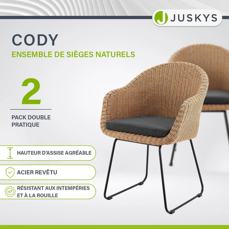 Juskys Ensemble de 2 fauteuils en Osier Cody avec Coussins - chaises en rotin d'intérieur et d'extérieur - Chaise pouvant Supporter jusqu'à 100 kg - chaises en rotin Modernes - chaises Naturelles