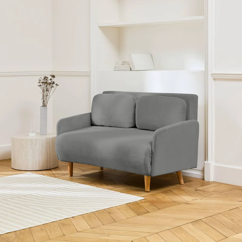 sweeek - Canapé Convertible 2 Places scandinave Velours côtelé Gris Clair - Panam - Pieds Bois. Banquette. Dossier inclinable