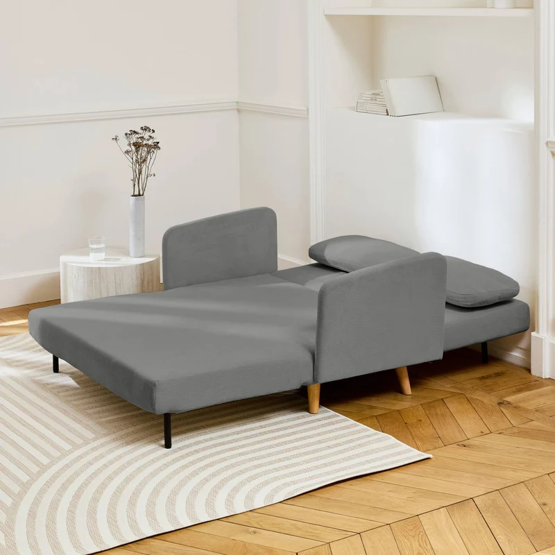 sweeek - Canapé Convertible 2 Places scandinave Velours côtelé Gris Clair - Panam - Pieds Bois. Banquette. Dossier inclinable