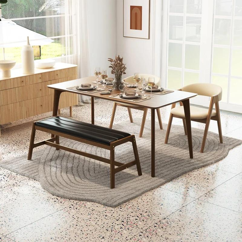 HOMASIS Banc rembourré en bois massif avec siège en PVC et mousse - Charge maximale : 150 kg - Banc de salle à manger pour salle à manger, cuisine, salon, noyer et noir
