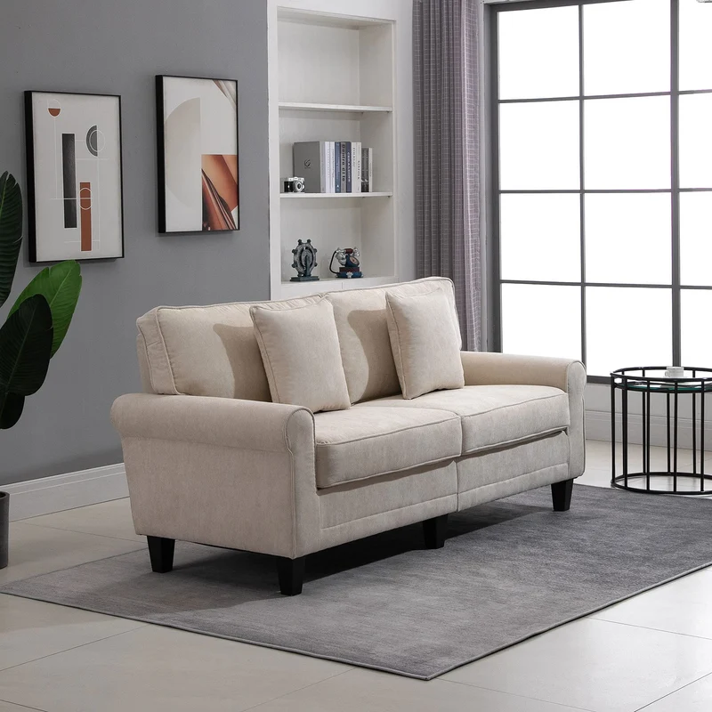 HOMCOM Canapé 3 Places en Tissu Velours côtelé, canapé Salon, 197 cm, avec accoudoirs et Dossier rembourrées, canapé avec 2 oreillers, Pieds en Bois Massif de pin, pour Salon, Chambre, Bureau, Beige