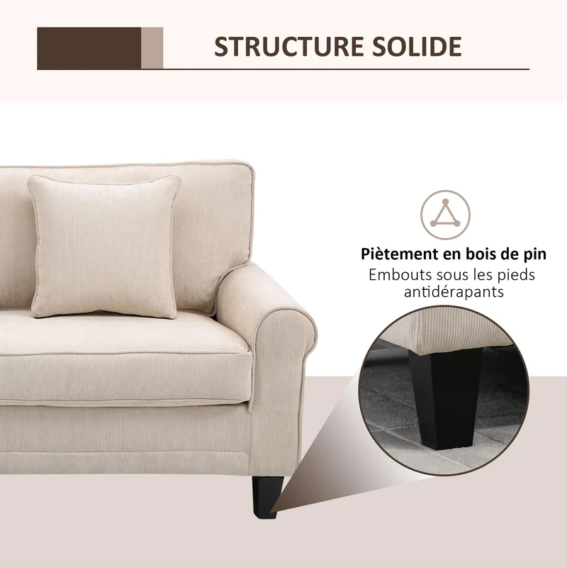 HOMCOM Canapé 3 Places en Tissu Velours côtelé, canapé Salon, 197 cm, avec accoudoirs et Dossier rembourrées, canapé avec 2 oreillers, Pieds en Bois Massif de pin, pour Salon, Chambre, Bureau, Beige