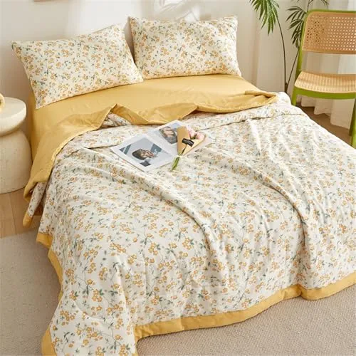Odot Couvre Lit Matelassé 2 Personnes Été Réversible Dessus de Lits et Couvre-Lits Boutis Doux et Confortable Coton Jeté de Lit Matelassage Jeté de Canapé (Jaune,150x200cm)