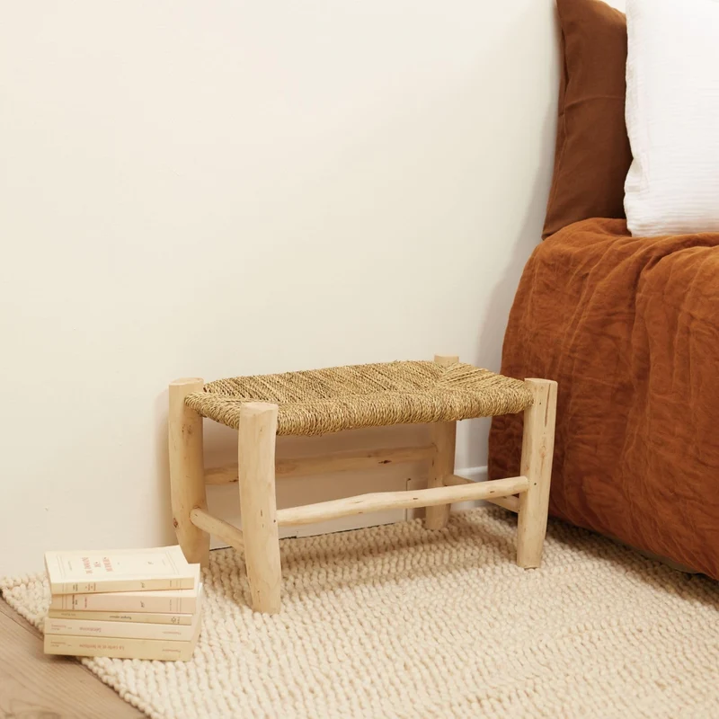 HOME MAISON - Banc marocain doum tressage Central Bois Naturel 30 x 60